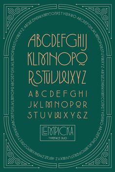 an art deco font and numbers set on a dark green background with white lettering in the center