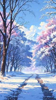 a painting of a snowy landscape with trees