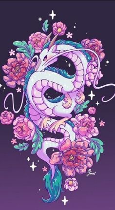 a drawing of a dragon with flowers on it