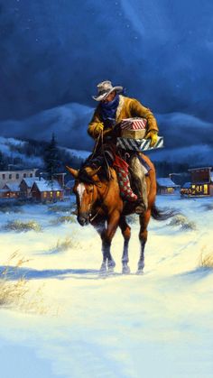 a painting of a man riding on the back of a brown horse through snow covered ground