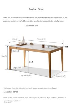 the table is shown with measurements for it