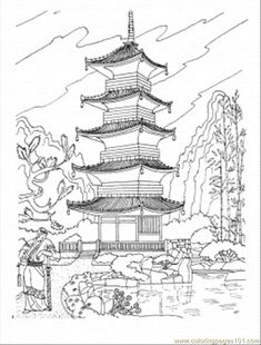 an ink drawing of a pagoda in the park