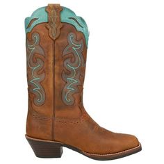 The Sevana 12-inch tall Women's cowboy boot features a golden brown exterior crafted from quality leather that's slightly distressed giving this boot a vintage feel. The striking turquoise stitching along the upper pairs perfectly with the scalloped turquoise leather cutout along the collar. Its diamond cut pull straps and elevated heel provide a fashionable edge and this boot also features the J-Flex Flexible Comfort System? insoles with removable open cell polyurethane orthotic inserts for max Justin Boots Womens, Boots Mid Calf, Women Casual Flats, Turquoise Leather, Justin Boots, Cowboy Boots Women, Boots Womens, Cowboy Boot, Mid Calf Boots