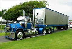 a large blue semi truck parked on top of a lush green field