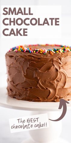 a cake with chocolate frosting and sprinkles sitting on top of a white plate