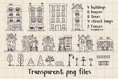 different types of houses and trees drawn on a piece of paper with the words transparent png files