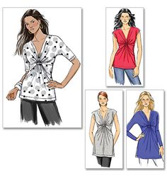 four women's blouses with different patterns on the front and back, all in three