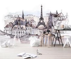 an artistic view of the eiffel tower in paris, france wallpaper mural