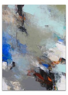 an abstract painting with blue, grey and white colors