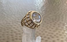 Absolutely stunning custom-made 3D cage ring. Solid 14k yellow gold with a bezel set 9.8 carat Rutilated quartz gemstone. This Rutilated quartz is a rare gemstone that features strands of gold rutile throughout. The rings total weight is .35 oz (9.8 grams). It was custom made by a renowned jeweler in Los Angeles, Weiss Jewelry. Rings estimated value and cost were $1,295 (see jewelry appraisal picture.) Size US: 6.  This ring was custom made for me and I have only worn it two times as it is a bit Cage Ring, Jewelry Appraisal, Rare Gemstones, Gold Geometric, Rutilated Quartz, Picture Size, Bezel Setting, Rings Statement, Statement Ring