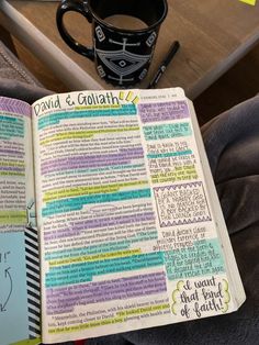 an open bible next to a coffee mug on a table with notes written in it