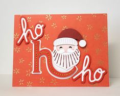 a christmas card with a santa clause on it and the word ho hoo written in white