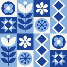 blue and white geometric design with flowers, leaves and squares in the center on a light blue background