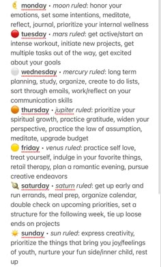 If you know the days of the week in spanish, you'll see how they are named after the ruling planet. I try my best to live my days & weeks with this planetary energy in mind 💫 credit unknown Chakras Days Of The Week, Spiritual Days Of The Week, Days Of The Week Witchcraft, Colors For Days Of The Week, Witch Days Of The Week, Astrology Days Of The Week, Magical Days Of The Week, Days Of The Week Spiritual Meaning, Witchy Days Of The Week