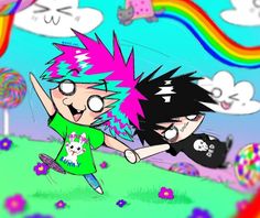 two cartoon characters are holding hands in front of a rainbow - colored sky and clouds