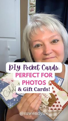 a woman holding up a sign that says play pocket cards perfect for photos and gift cards