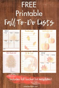 the free printable fall to do list is shown on a wooden table with leaves