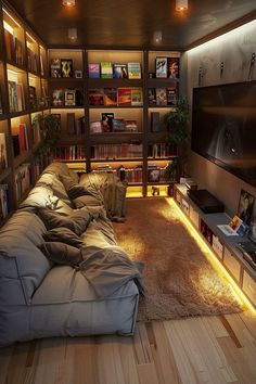 a living room filled with lots of furniture and bookshelves full of books on shelves