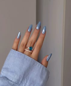 Baby blue nails Baby Blue With Chrome Nails, Periwinkle Nails With Chrome, Acrylic Nails Blue Chrome, True Blue Nails, Blueberry Glaze Nails, Baby Blue Silver Nails, Pearlescent Blue Nails, Dusty Blue Bridesmaid Nails, Frosted Blue Nails