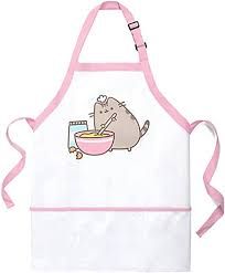 a white apron with a cat eating out of it's bowl and pink straps