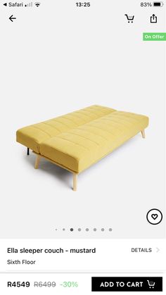 the bed is yellow and has no sheets on it, but there are also two additional mattresses