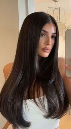 Chocolate brown Rambut Brunette, Dark Brunette Hair, Brown Hair Looks, Brown Hair Inspo, Blowout Hair, Haircuts Straight Hair, Sleek Hairstyles, Haircuts For Long Hair, Hair Inspo Color