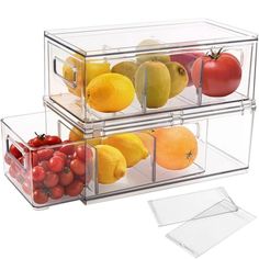 two clear containers filled with different types of fruit