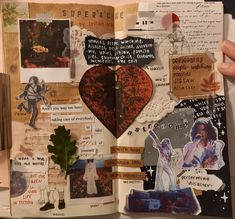 an open book with many pictures and words on it, including a heart shaped cutout