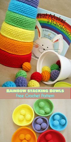 rainbow stacking bowls with free crochet pattern on the bottom and in front