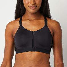 Give yourself extra support during a workout with this Xersion Train women's sports bra. This high-support sports bra is made from a smooth stretch-jersey fabric with a zip-front closure, wide, adjustable straps, and a racerback design featuring a keyhole cut-out. Pair it with your favorite pair of training leggings. Bra Type: SportsFeatures: Adjustable Straps, Moisture Wicking, Zip Front, Stretch FabricClosure Type: ZipperSupport: High SupportFiber Content: 83% Polyester, 17% SpandexFabric Description: JerseyLining Material: Nylon, SpandexCare: Machine Wash, Tumble DryMaterial: PolyesterCountry of Origin: Imported Small Bra, Racerback Sports Bra, Bra Types, Women's Sports, Black Sports Bra, Sports Bras, Jersey Fabric, Shoes And Accessories, Moisture Wicking