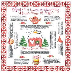 a cross stitch pattern with teapots and other items on the front, in red and white