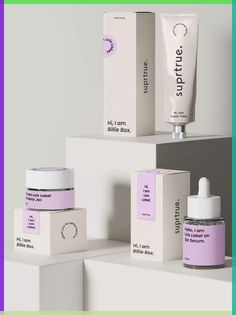 three different types of skin care products sitting on top of each other in front of a green and purple background