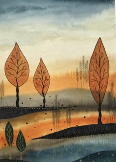 a painting of three trees with orange leaves