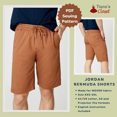 Exclusive patterns from the author of Tiana's Closet Sewing Patterns. Visit my blog for more ideas, sewing tips and free patterns: https://tianascloset.com/ This basic, simple Jordan Bermuda shorts pattern is a staple that a sewer should have - even the beginner or the seasoned seamster. Make yourself or your loved one a pair of these extra comfortable casual shorts! Main features of these simple lounge shorts: - Elastic waistband - Faux fly zipper for a more tailored look - Slanted side pockets Sewing Pattern For Men, Mens Shorts Pattern, Casual Shorts For Men, Shorts Pattern, Pattern Simple, Easy Sewing Patterns, Clothes Sewing Patterns, Shorts For Men, Lounge Shorts