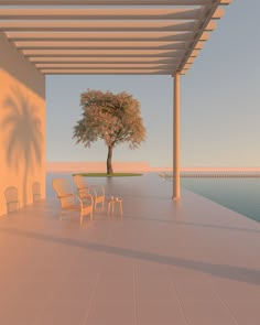 an empty patio with chairs and a tree