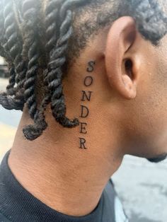 Sonder Behind Ear Tattoo, Sonder Tattoo Behind Ear, Sholdertatoos Man, Name Tattoo Placement Men, Sounder Tattoo, Golf Wang Tattoo, Small Male Tattoos Men, Sonder Drawing, Smaller Tattoos For Men