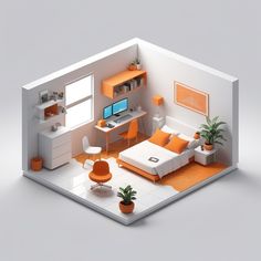 an orange and white room with a bed, desk, chair, bookshelf and computer