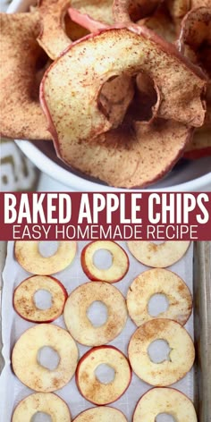 baked apple slices in bowl and slices of apple on baking sheet Baked Apple Chips Recipe, Homemade Apple Chips, Dried Apple Chips, Apple Treats