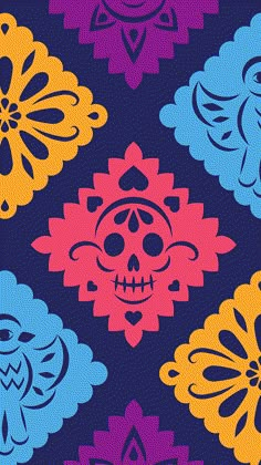 an image of colorful skulls and flowers on a blue background with purple, yellow, pink, orange, and red colors