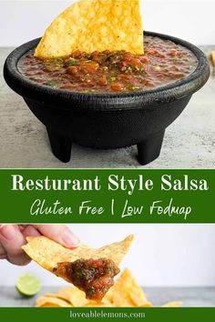 a bowl of chili and tortilla chips with the text restaurant style salsa gluten free low fodmap