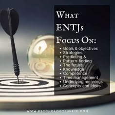 a dart hitting in the center of a target with text that reads what entj's focus on