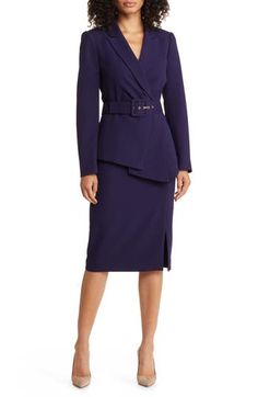 This tailored jacket is designed with a matching belt and a pared-back ruffle, while a simple straight-cut skirt completes the polished look. Jacket has notched lapels; long sleeves Lined 96% polyester, 4% elastane Dry clean Imported Court Outfit, Long Skirt Suits, Black A Line Skirt, Business Attire Women, Skirt Suit Set, Office Wear Women, Navy Outfit, Career Fashion, Professional Outfits Women