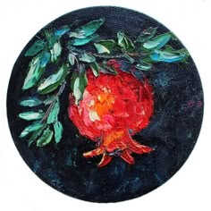 a painting of a pomegranate with leaves on it