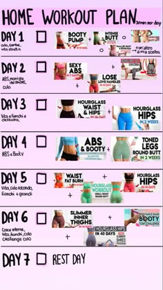 the workout plan is shown in pink and black, with instructions for how to do it