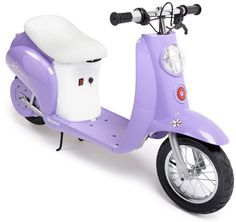 a small purple scooter with a white seat