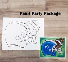 a football helmet with the word paint party package on it next to a drawing of a football helmet