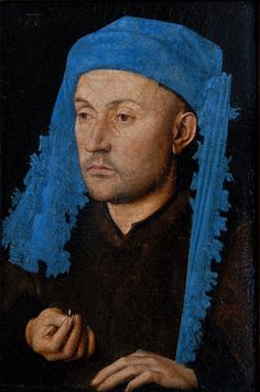 a painting of a man wearing a blue hat and holding a knife in his hand