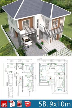 two story house plan with 3 bedroom and 2 bathrooms in the front, three car garage on