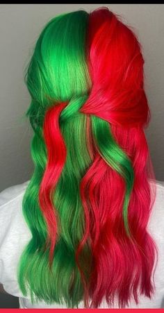 Red And Green Hair Color, Christmas Hair Dye, Dyed Pixie Cut, Split Hair Dye, Crazy Colour Hair Dye, Christmas Hair Color Ideas