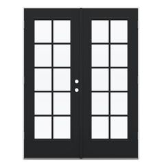 a black double door with glass panels